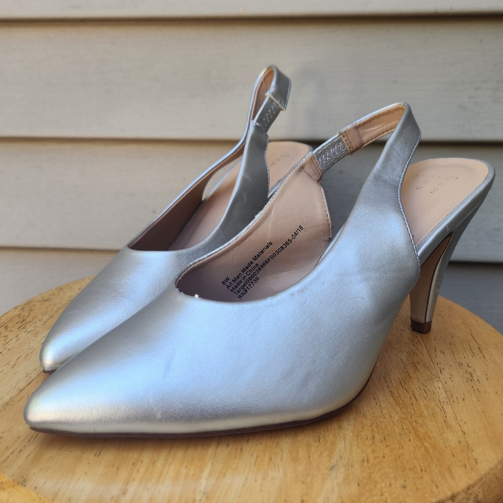 a new day Wide Metallic Silver Slingback Heels Closed Pointed Toe Prom Wedding